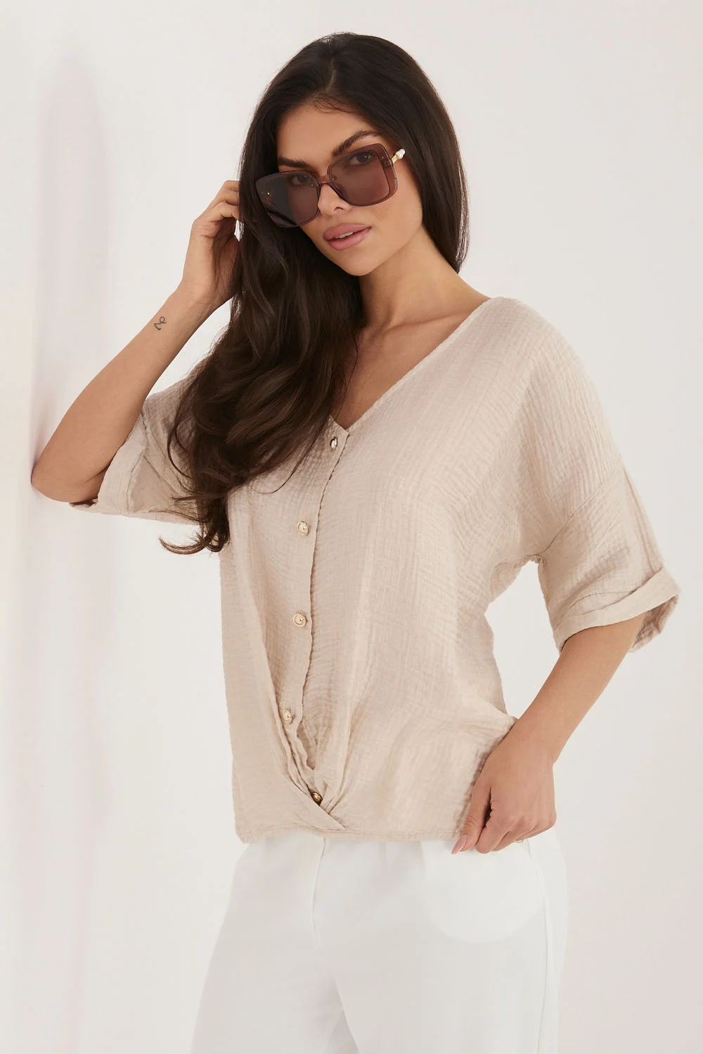 Chemise manche courte beige – Image 3