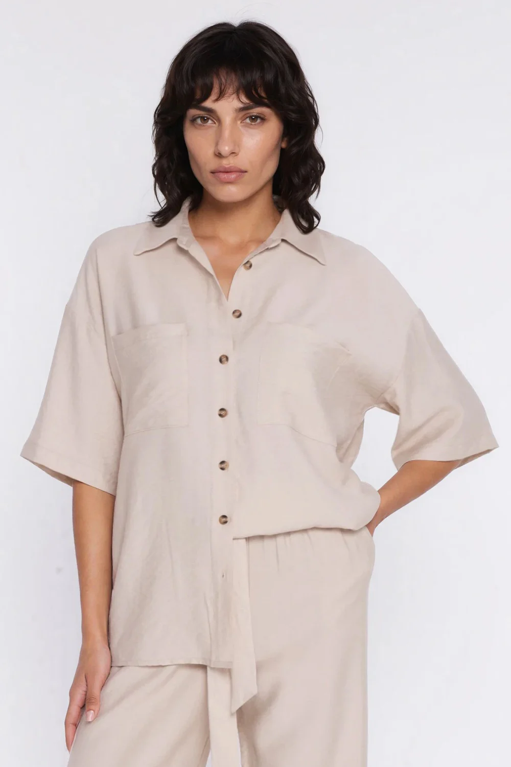 Chemise manche courte beige