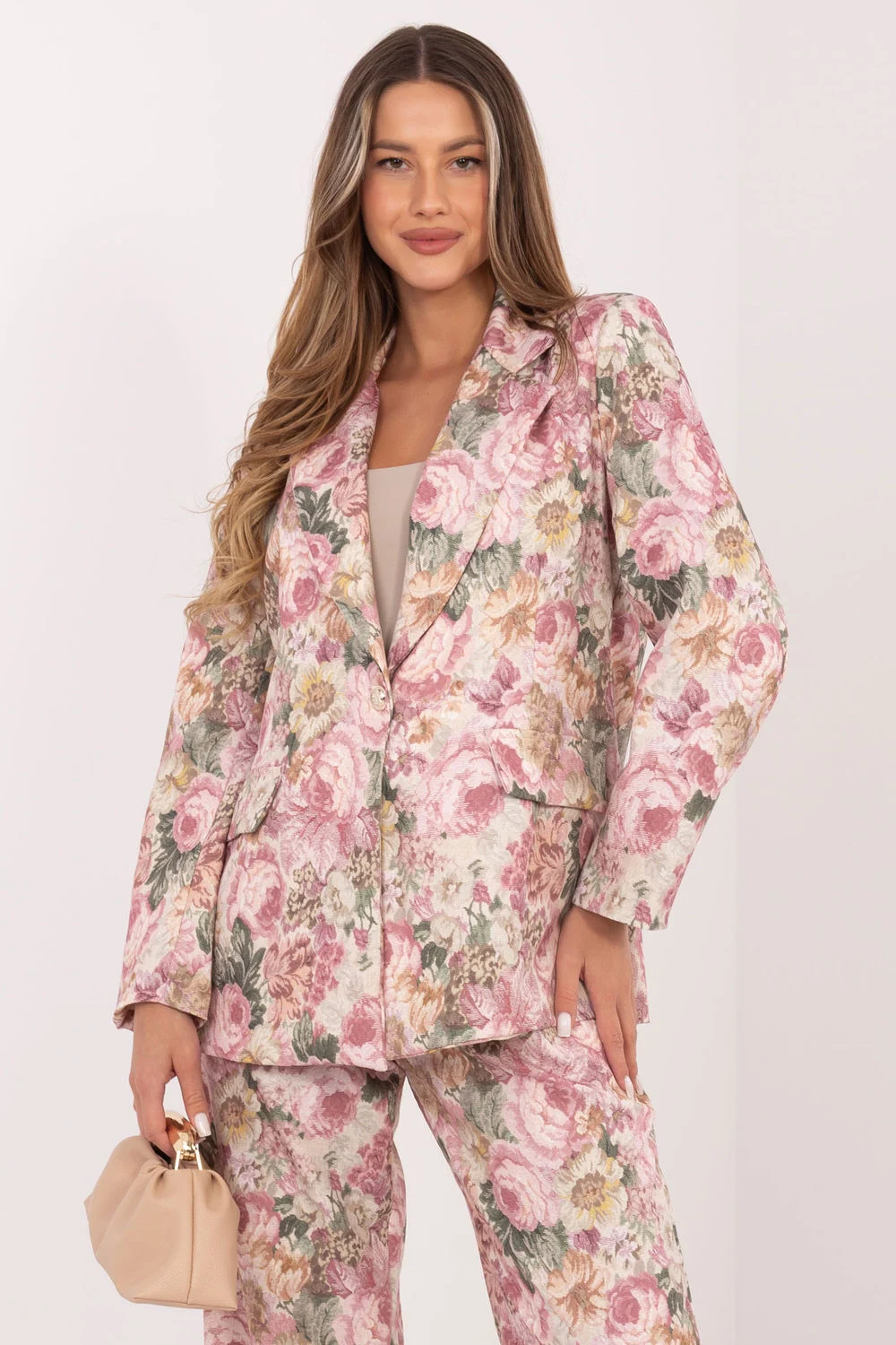 Veste de tailleur rose à motif floral
