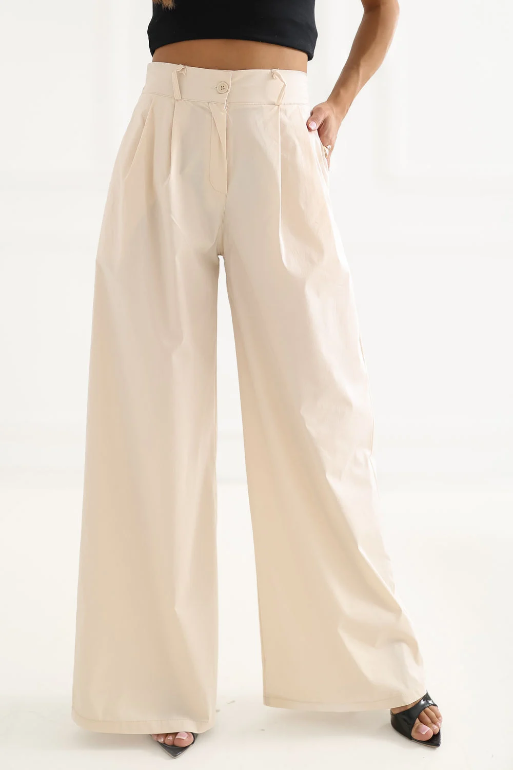 Pantalon palazzo beige à plis