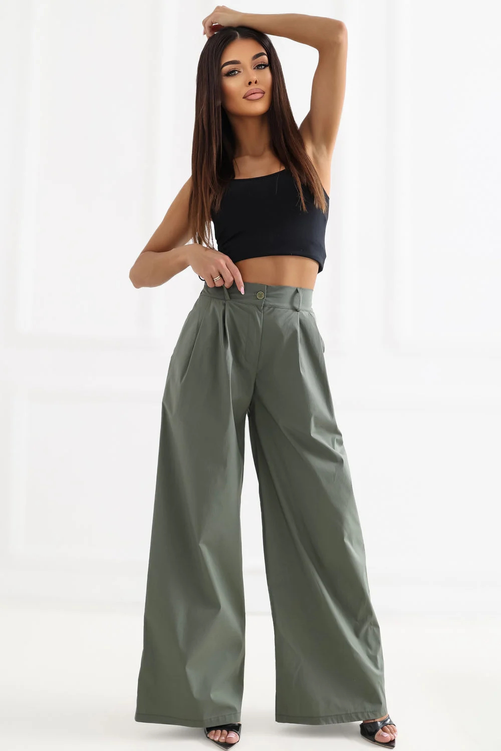 Pantalon palazzo vert à plis – Image 2