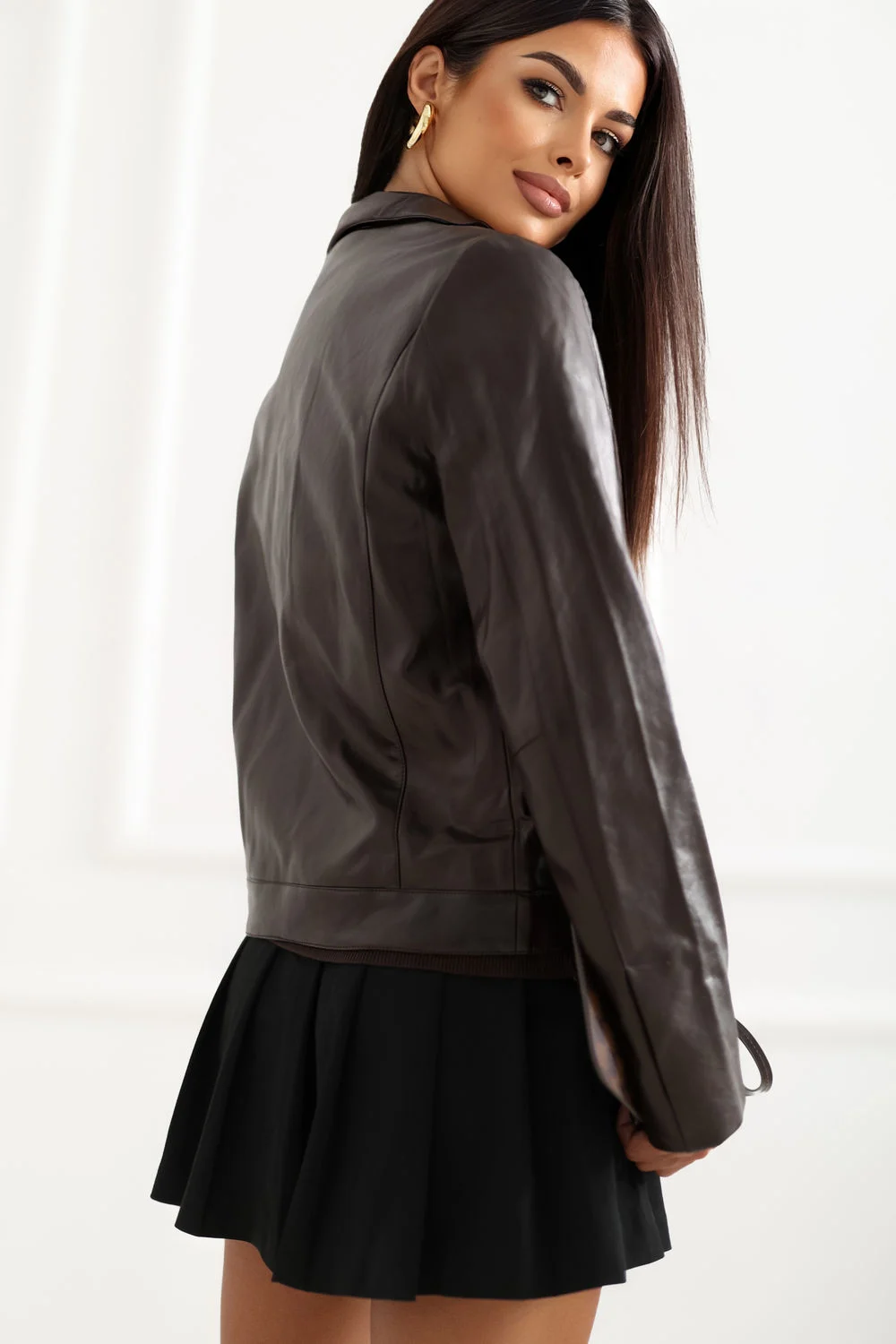 Veste en simili cuir brune col montant – Image 3