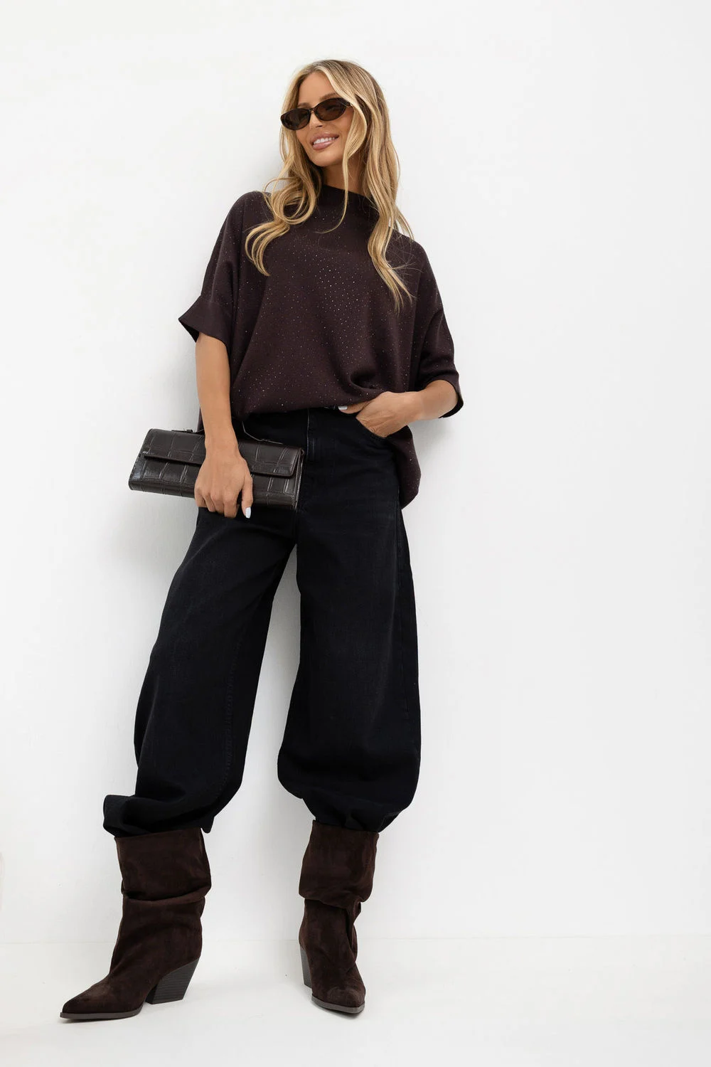 Pull à manches courtes oversize brun – Image 2