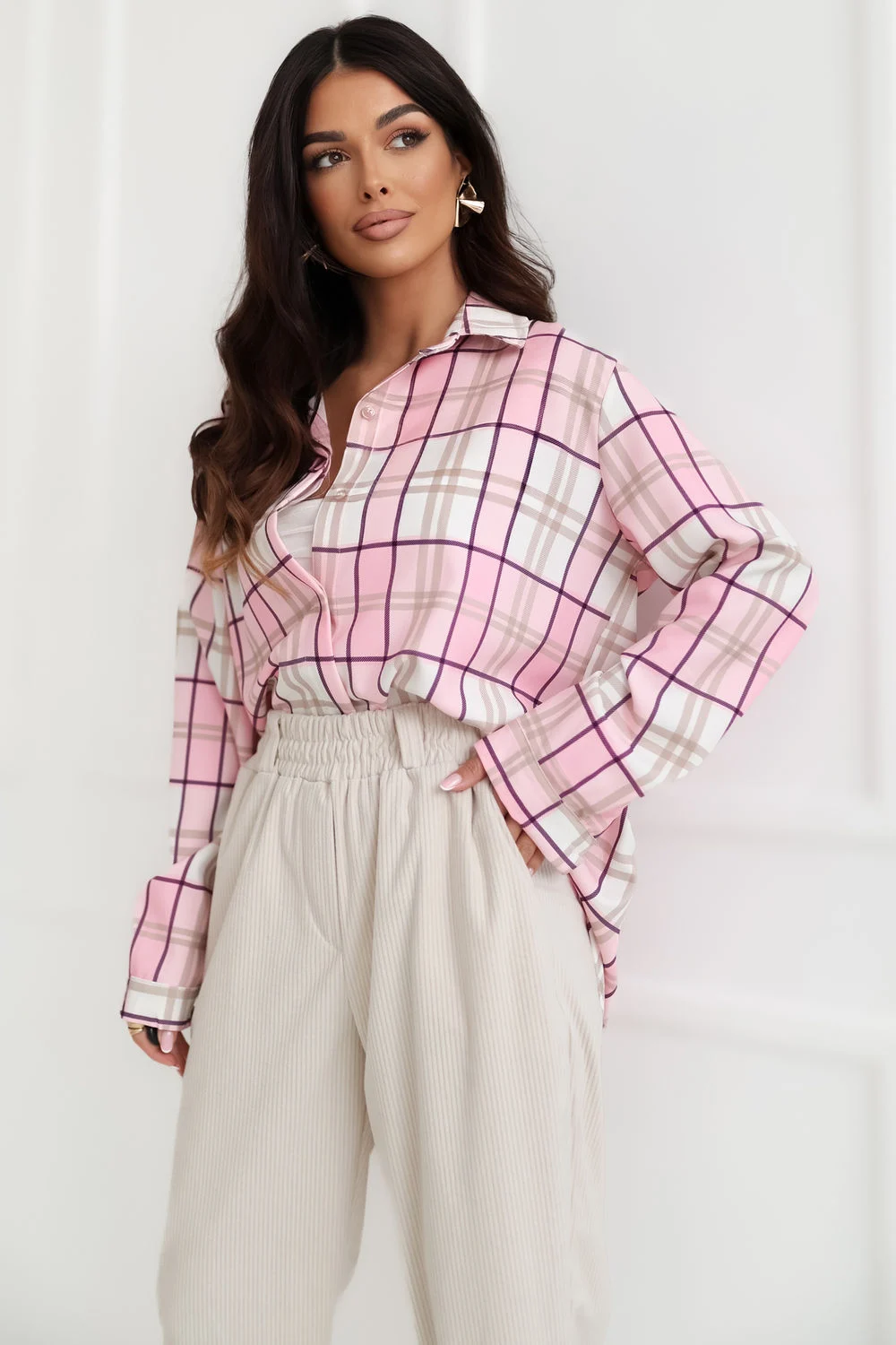 Chemise manche longue rose à carreaux