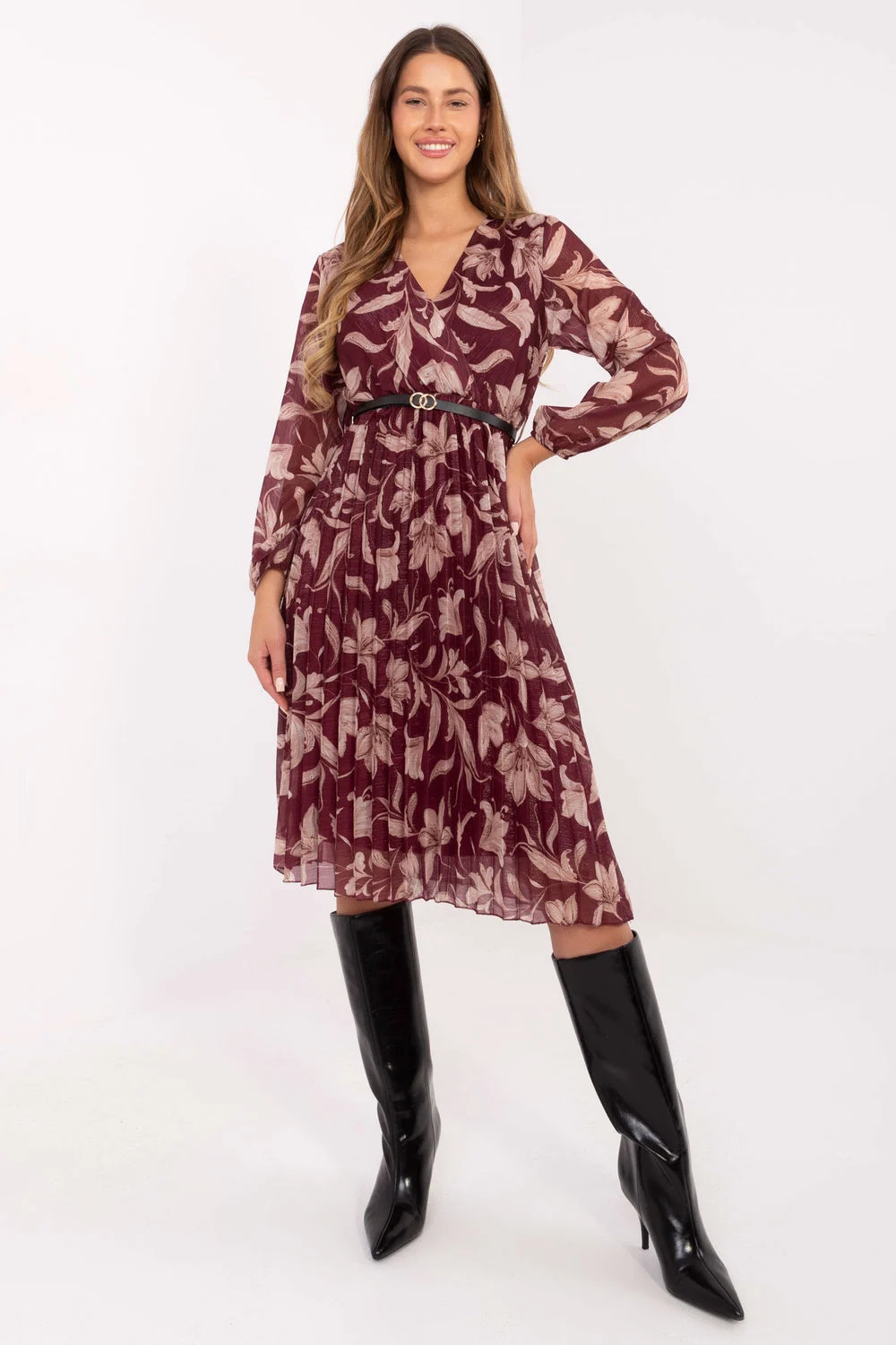 Robe midi évasée rouge à manches longues
