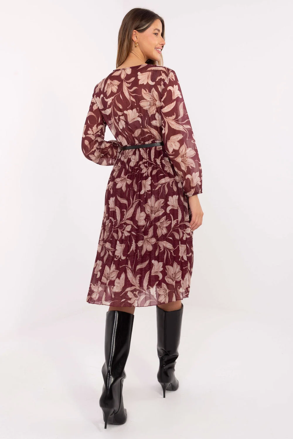 Robe midi évasée rouge à manches longues – Image 3