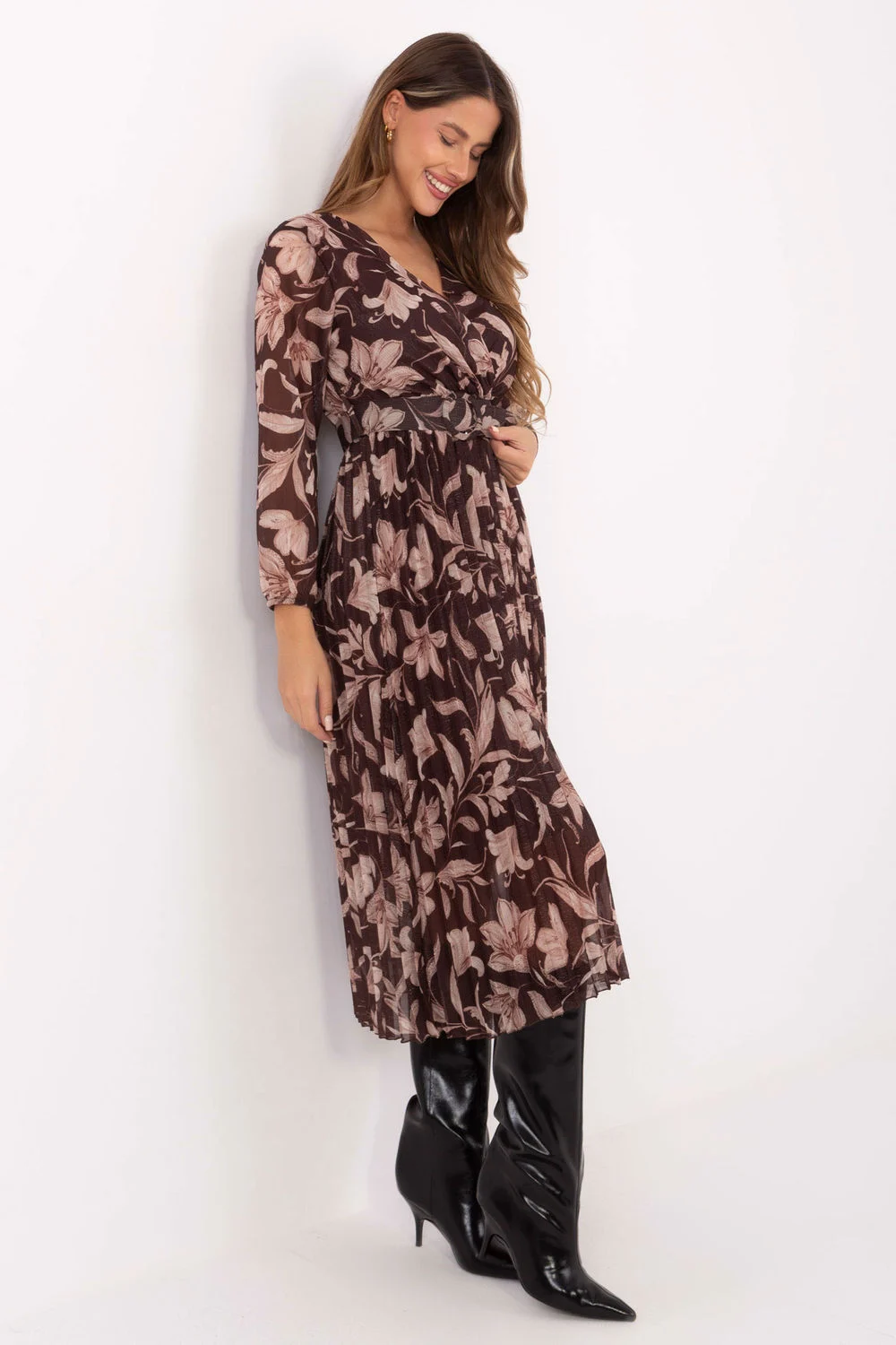 Robe midi évasée brune à manches longues – Image 2