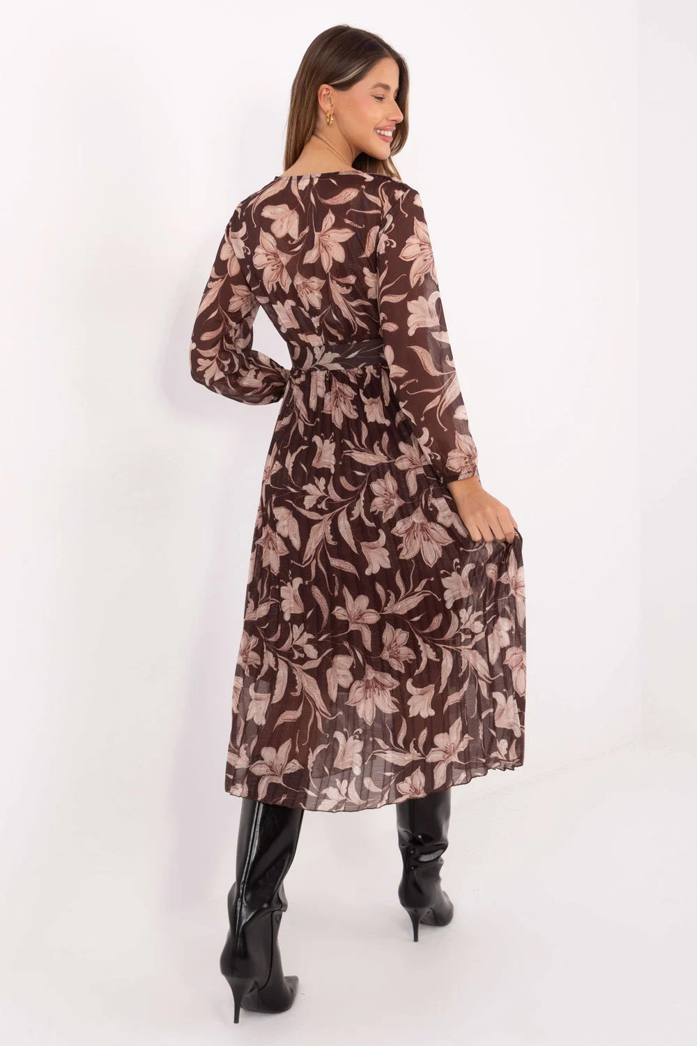 Robe midi évasée brune à manches longues – Image 3