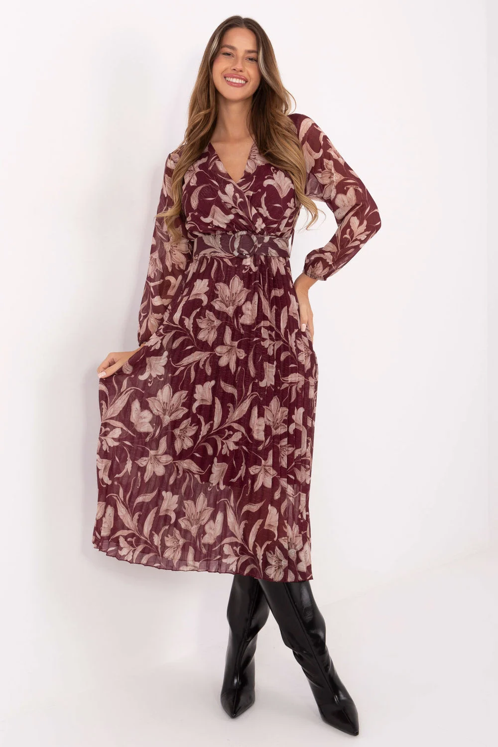 Robe midi évasée rouge à manches longues