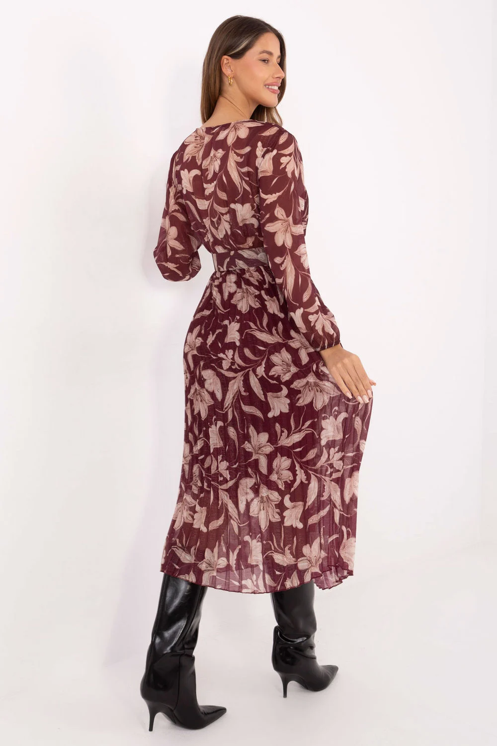 Robe midi évasée rouge à manches longues – Image 3