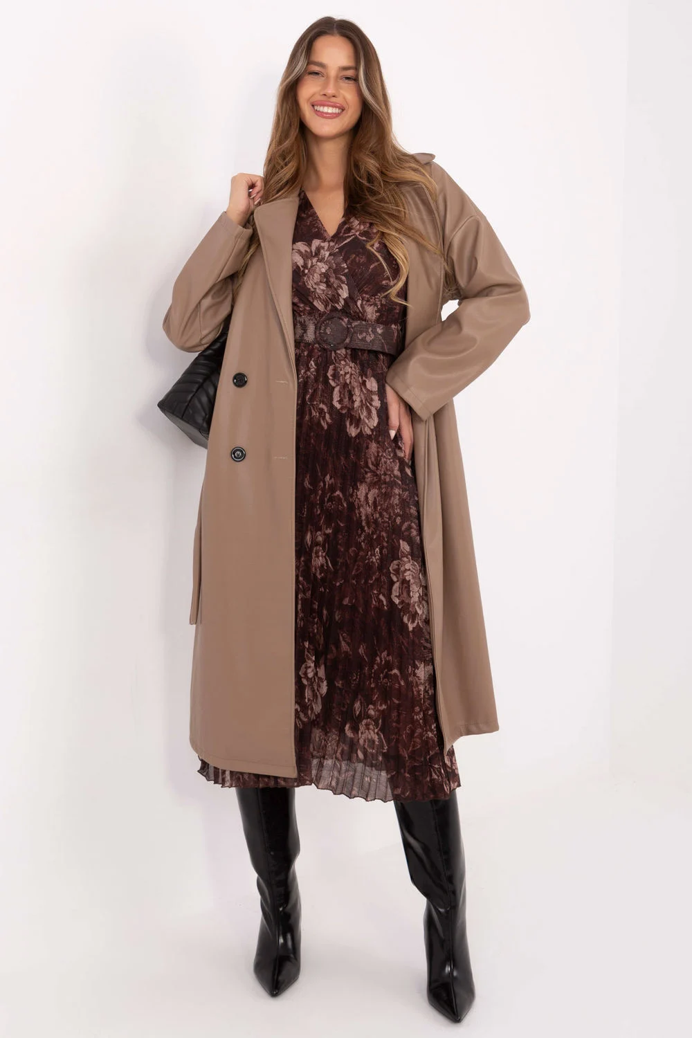 Robe midi évasée brune à manches longues