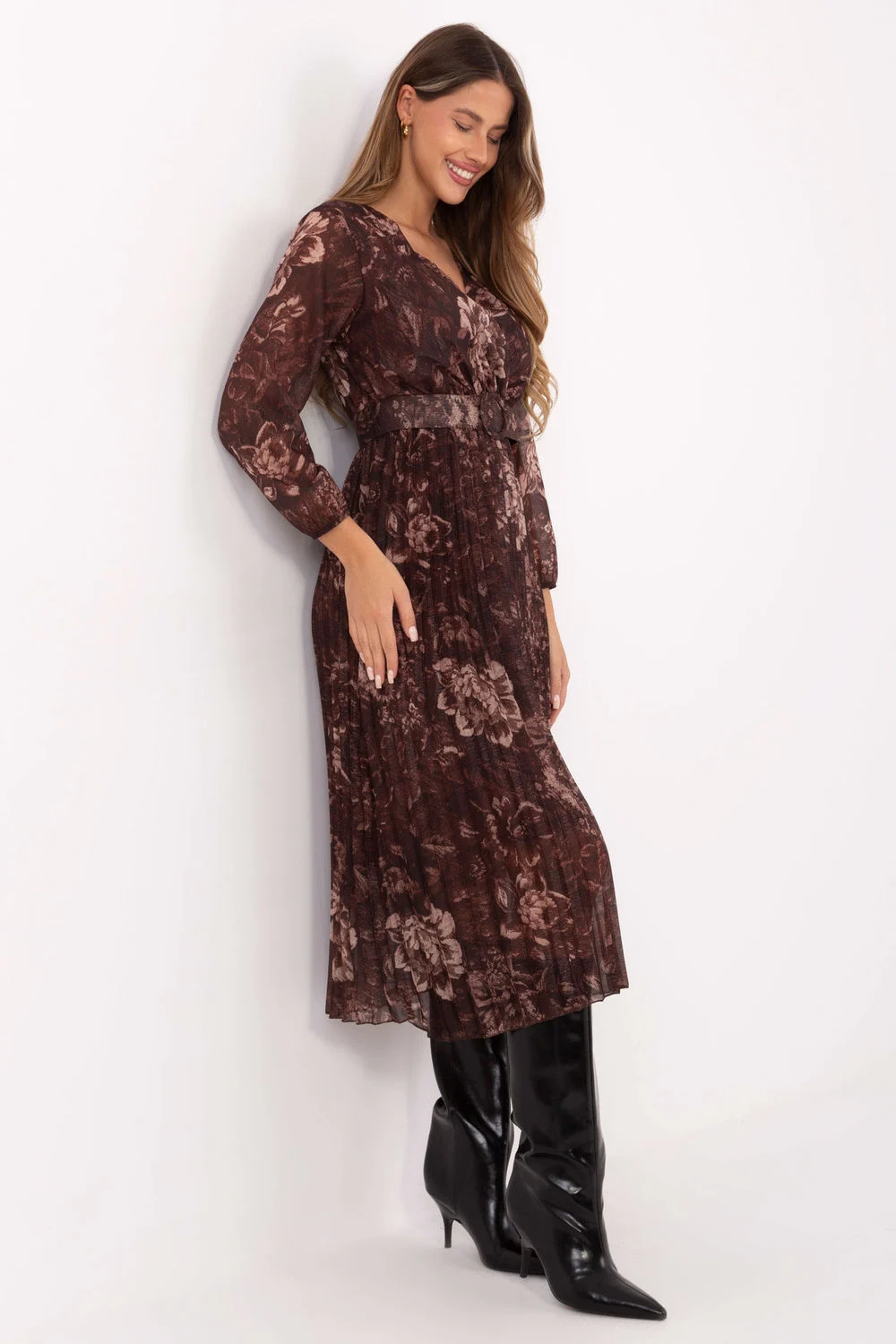 Robe midi évasée brune à manches longues – Image 2