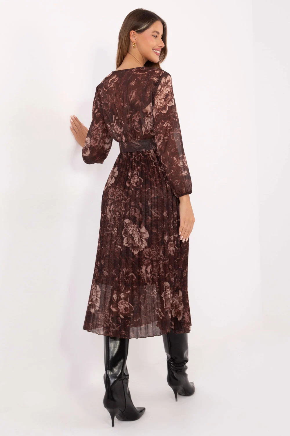 Robe midi évasée brune à manches longues – Image 3