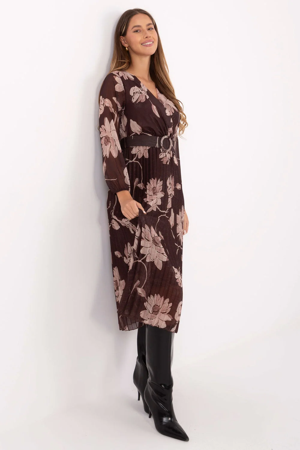 Robe portefeuille évasée brune – Image 2
