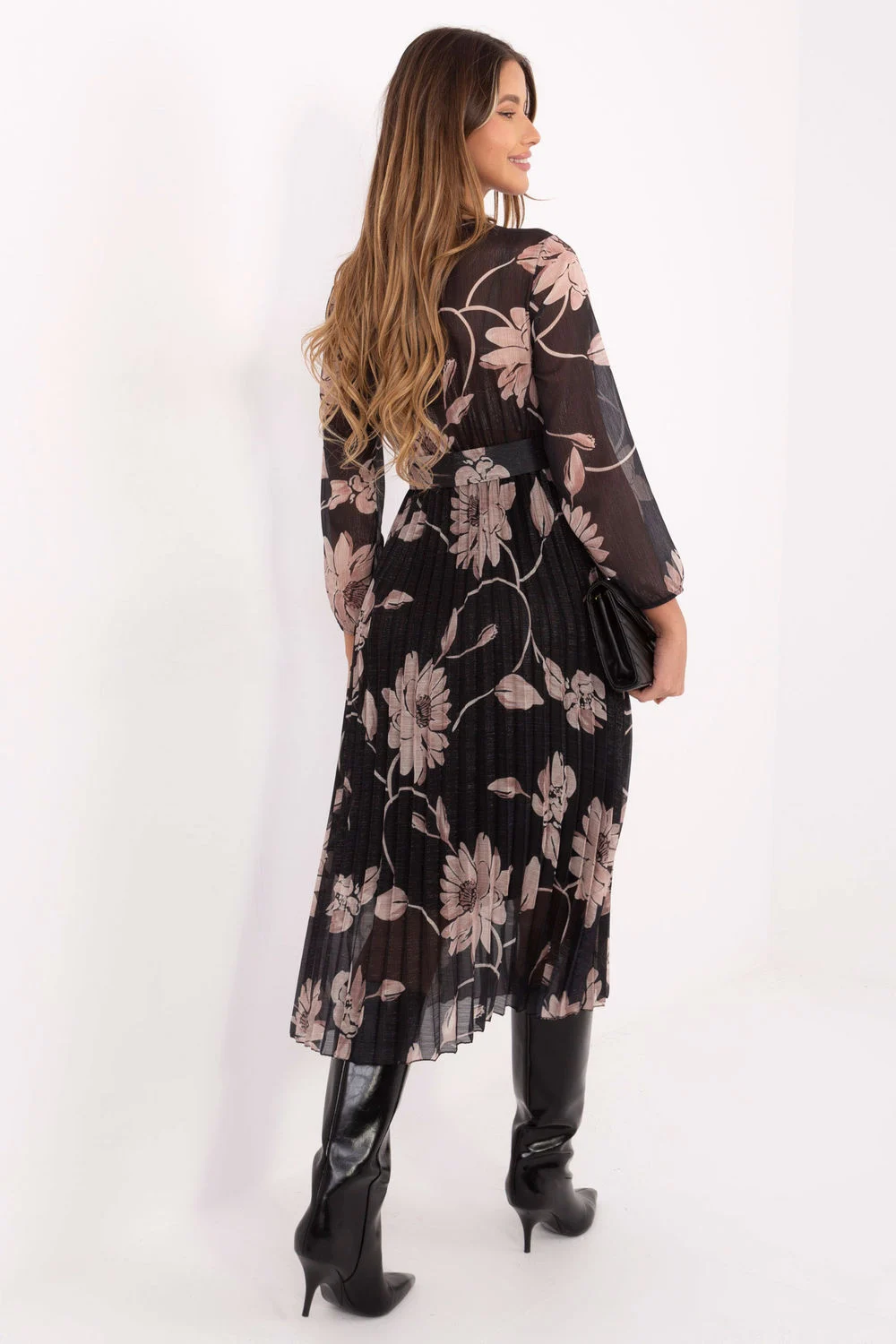 Robe midi évasée noire à manches longues – Image 2