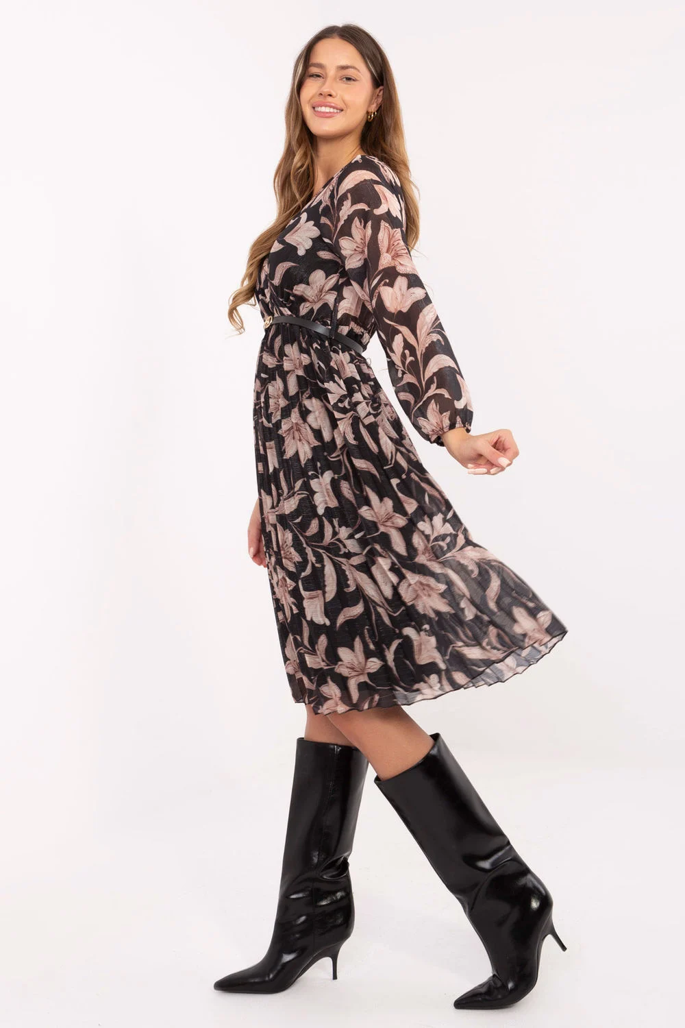 Robe midi évasée noire à manches longues – Image 2