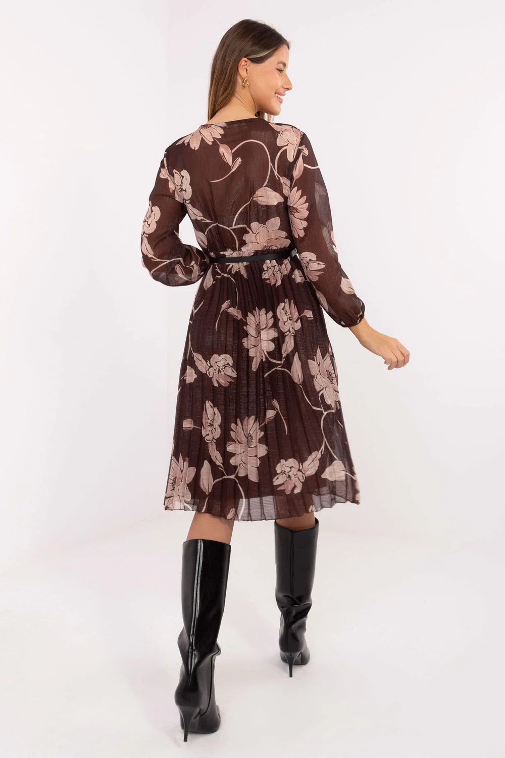 Robe midi évasée brune à manches longues – Image 3