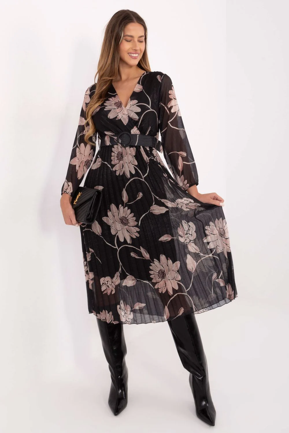 Robe midi évasée noire à manches longues – Image 3