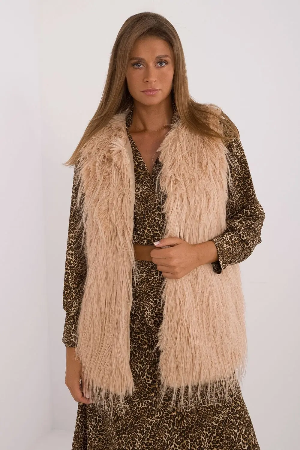 Gilet en fausse fourrure brun à capuche