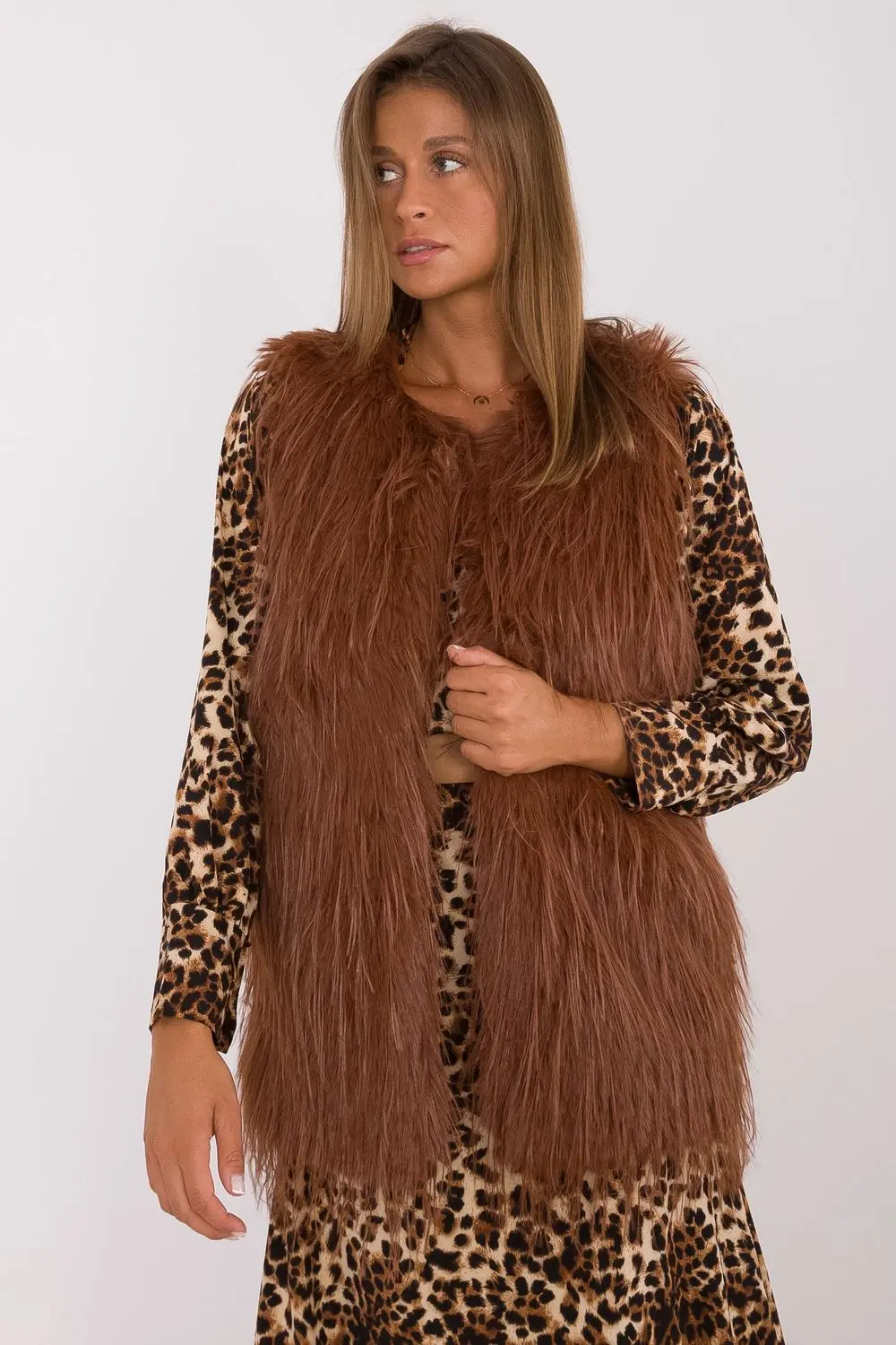 Gilet en fausse fourrure brun à capuche