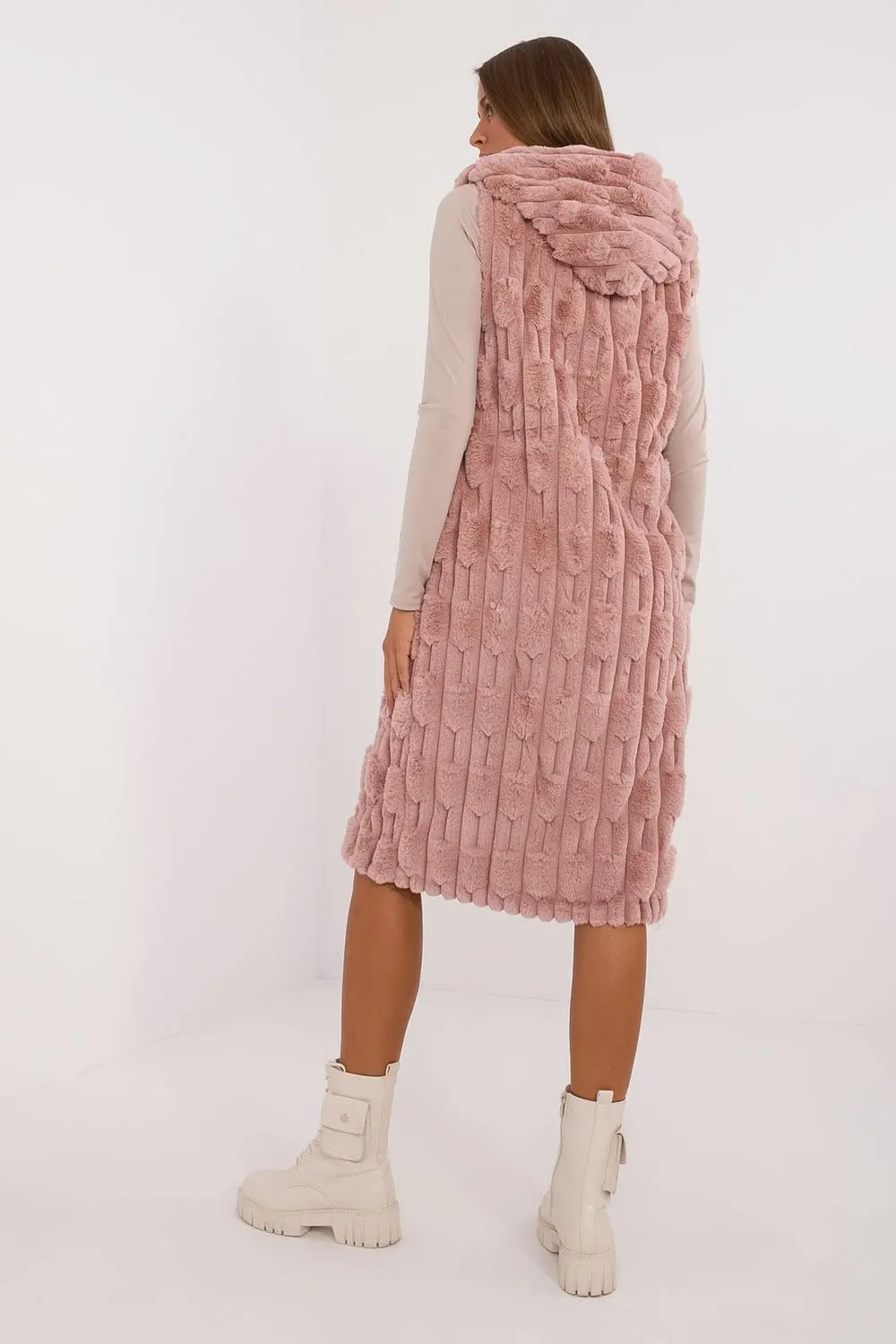 Gilet en fausse fourrure rose à capuche – Image 3