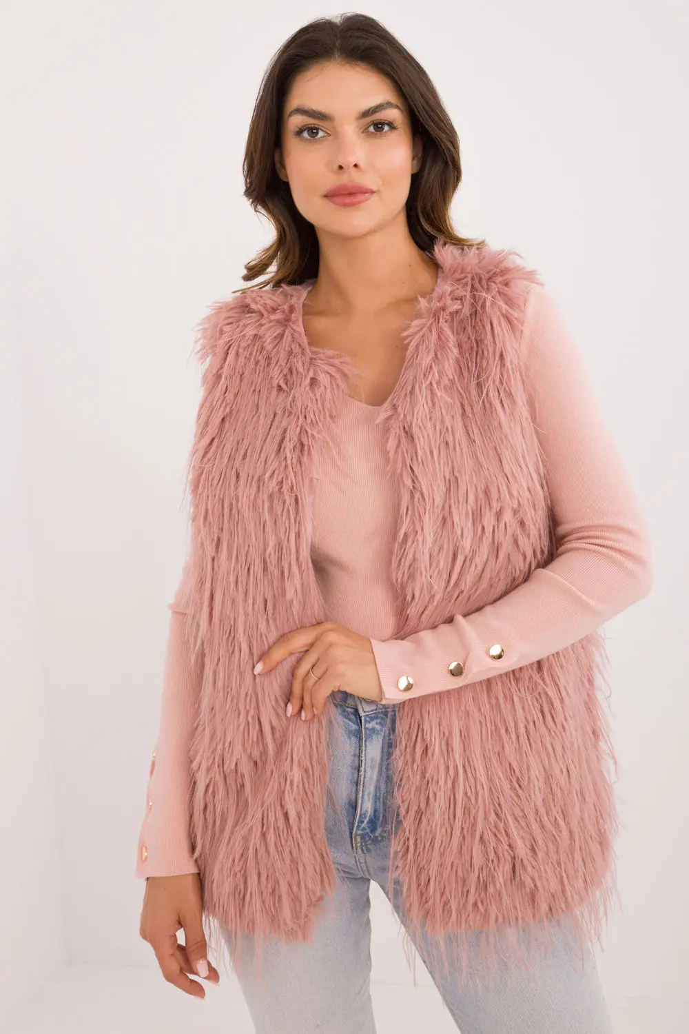 Gilet en fausse fourrure rose à capuche