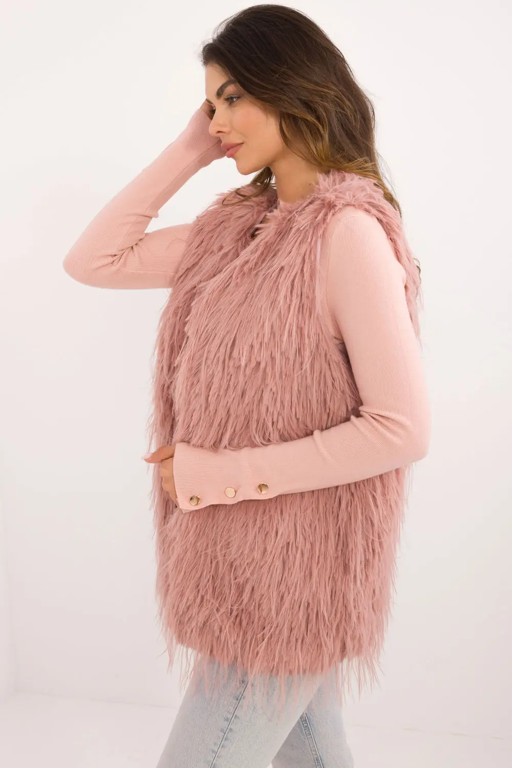 Gilet en fausse fourrure rose à capuche – Image 2