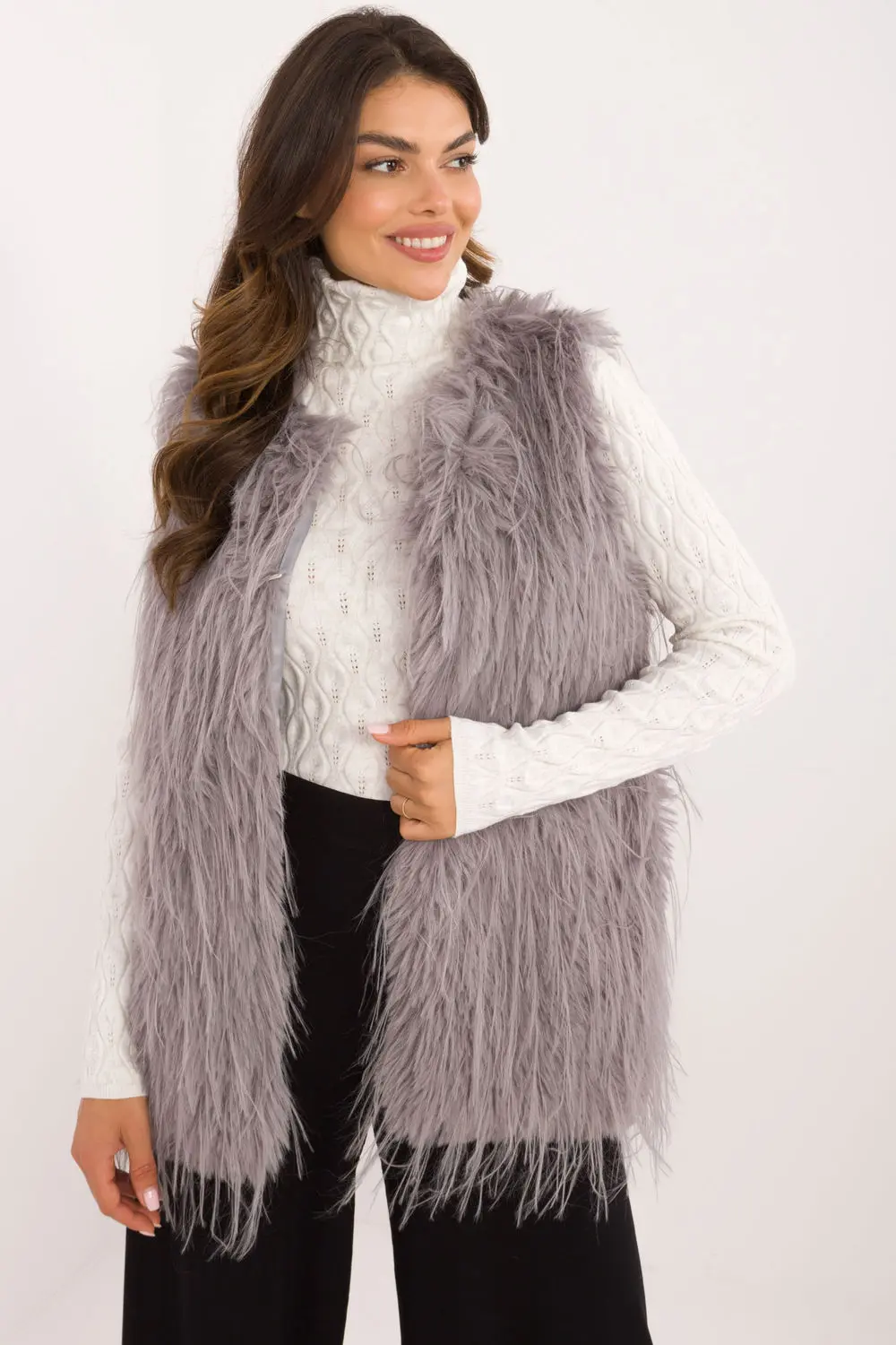 Gilet en fausse fourrure gris à capuche