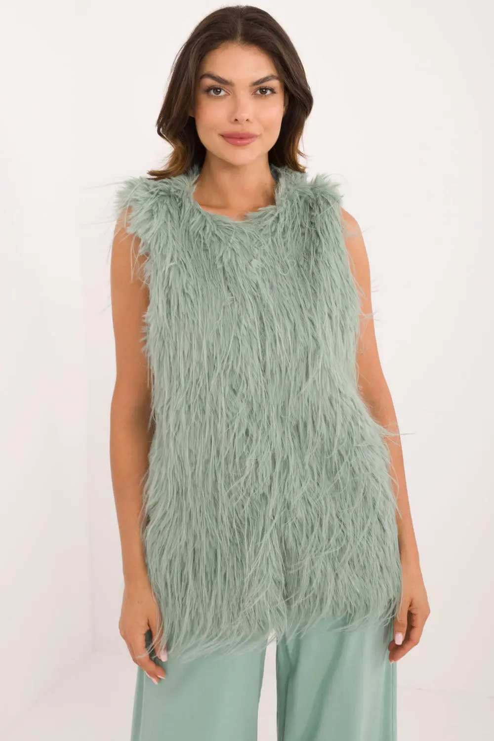 Gilet en fausse fourrure vert à capuche