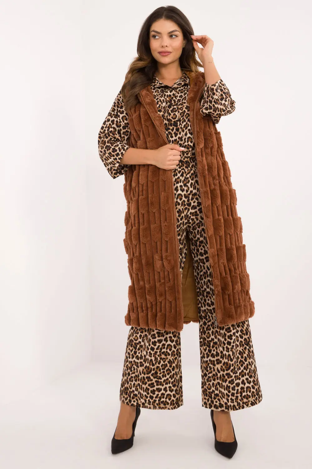 Gilet en fausse fourrure brun à capuche