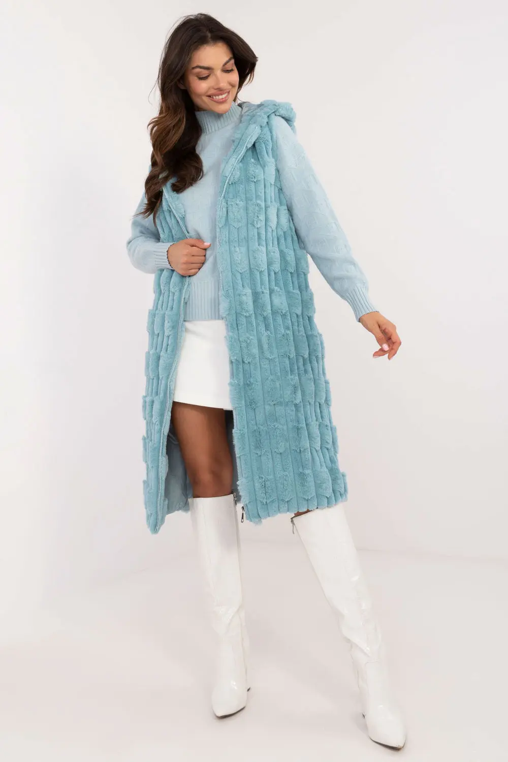 Gilet en fausse fourrure bleu à capuche