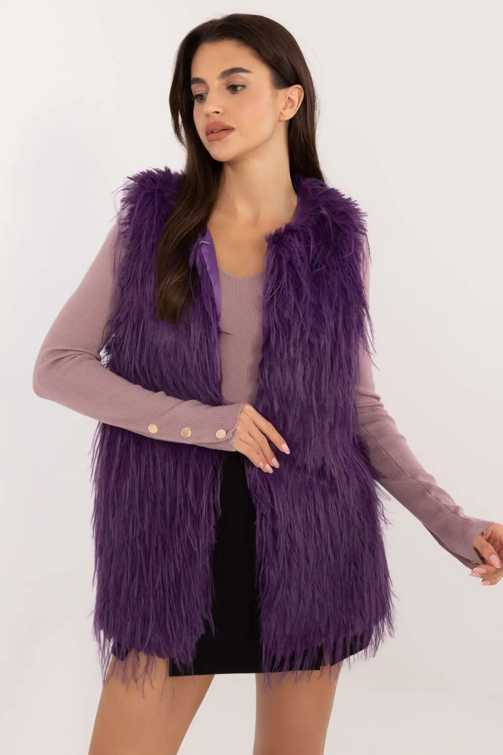 Gilet en fausse fourrure violet à capuche