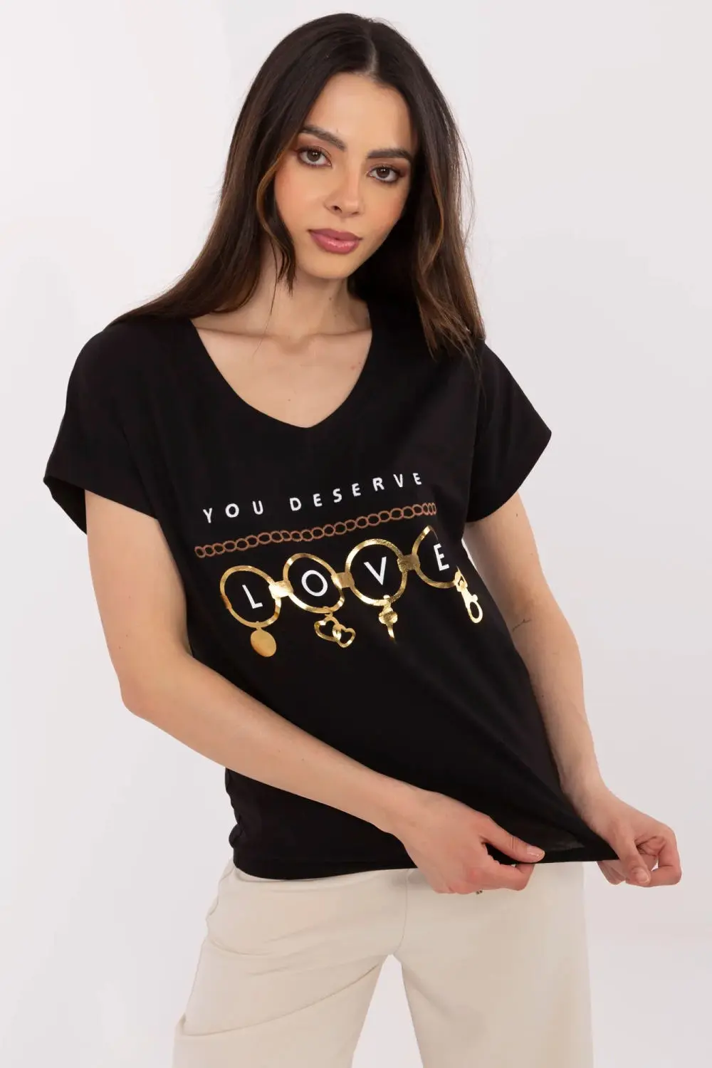T-shirt décolleté en V noir imprimé