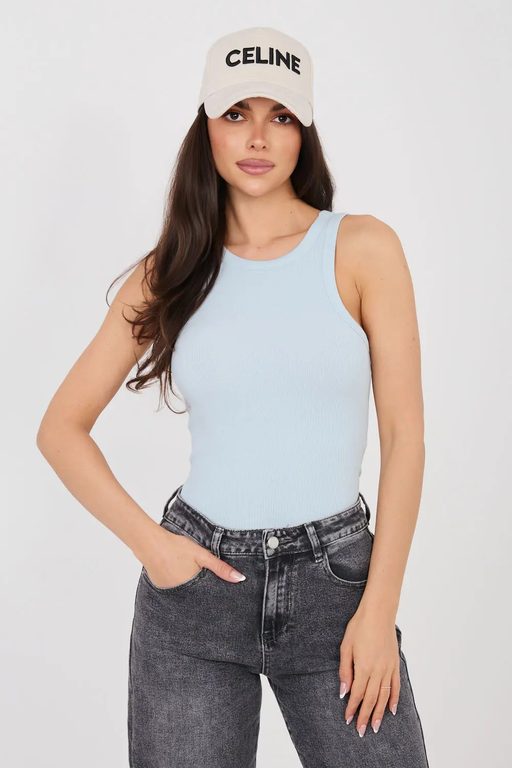 Top bleu sans manches