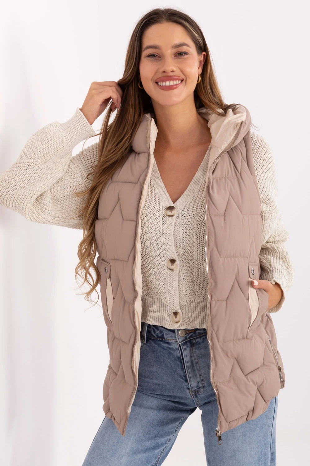 Gilet matelassé beige à capuche