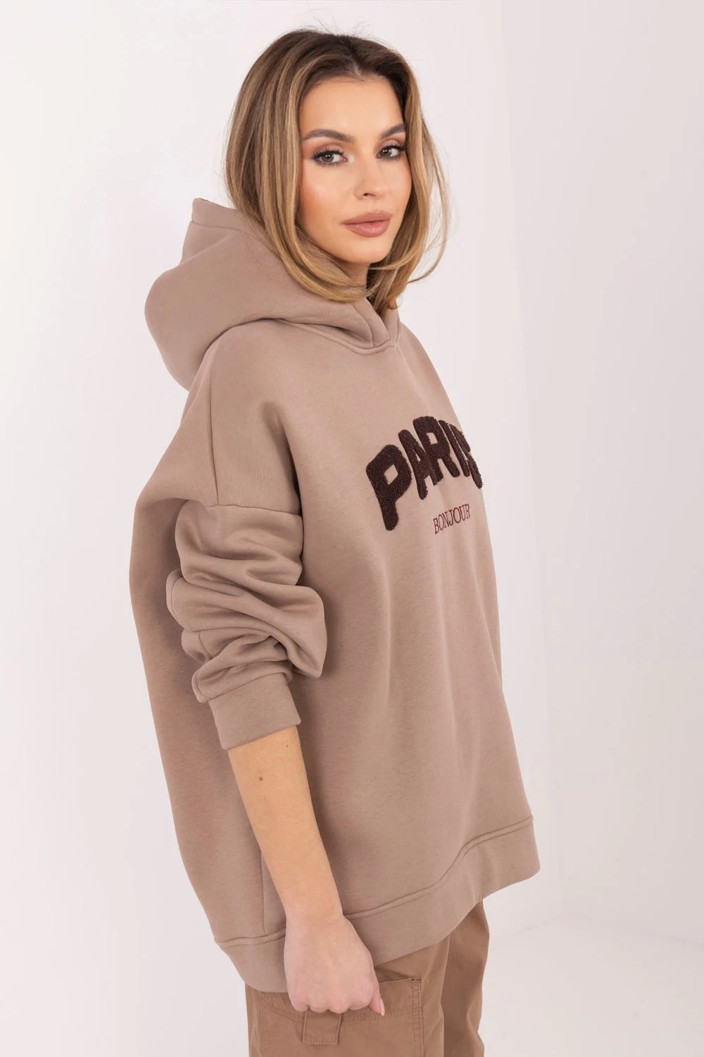 Sweatshirt à capuche beige en coton – Image 3