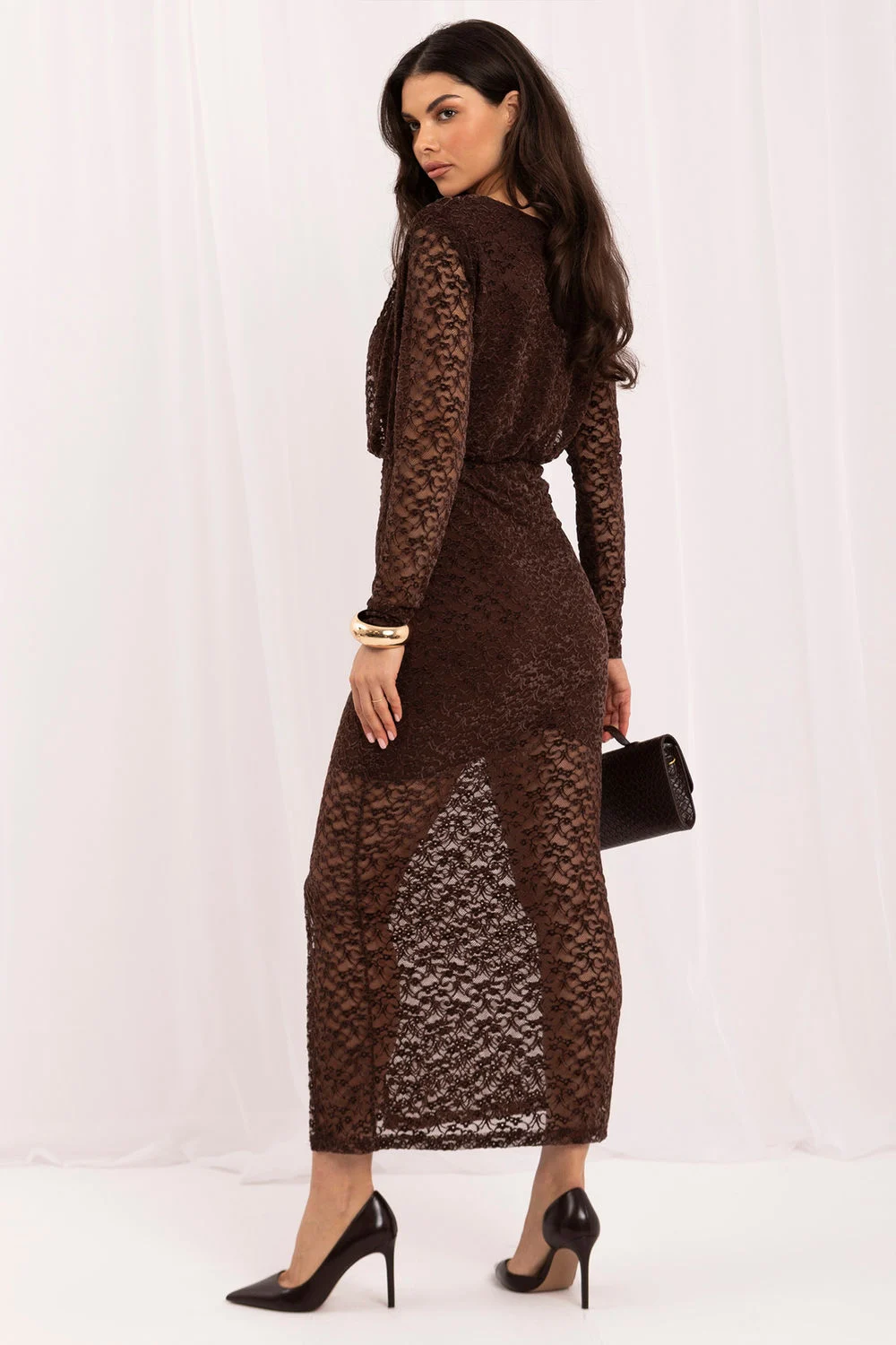 Robe de soirée longue brune en dentelle – Image 3
