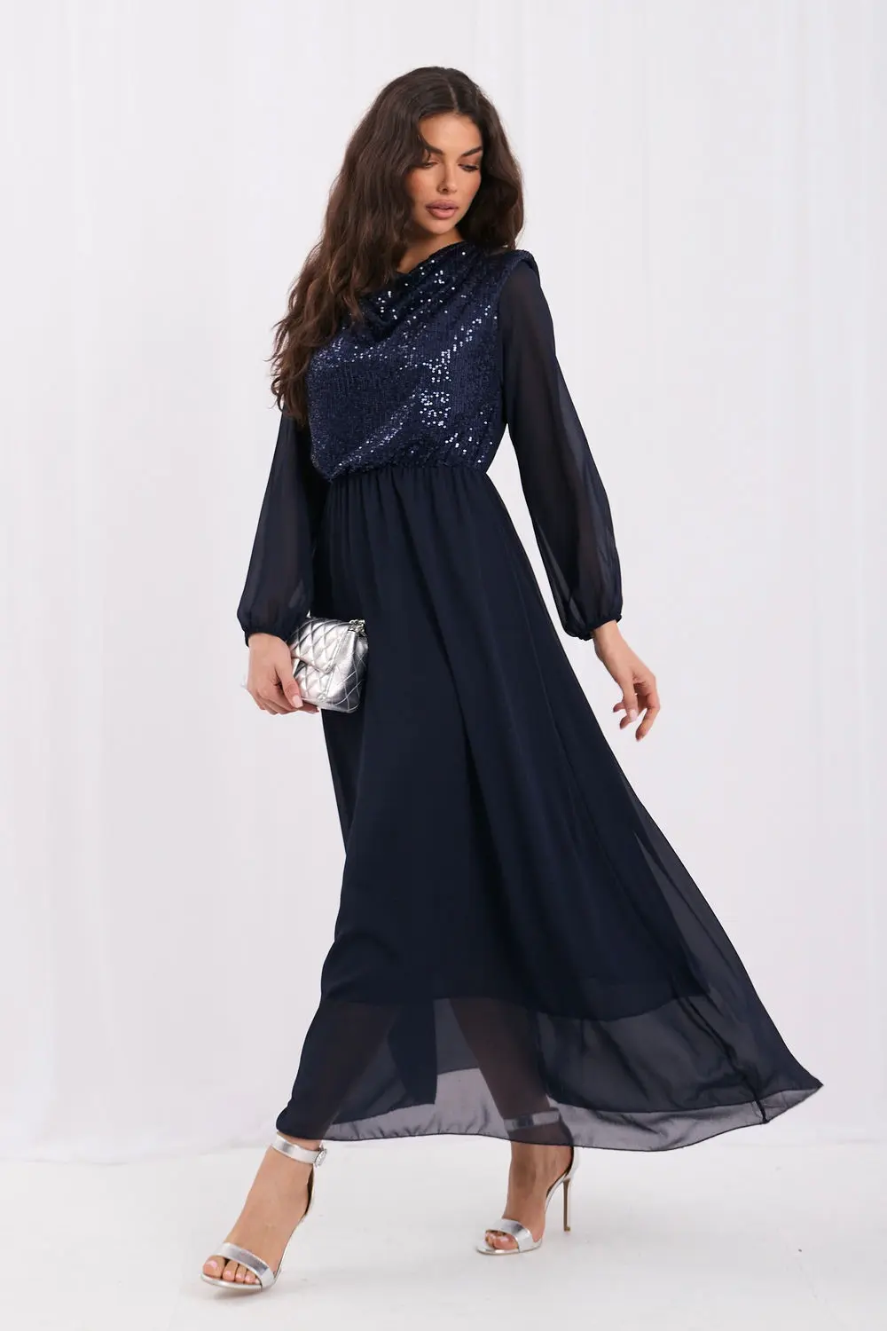 Robe de soirée longue évasée bleue marine