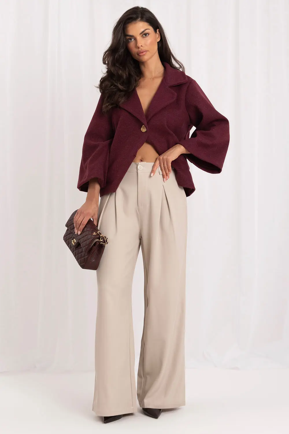 Pantalon large beige à plis