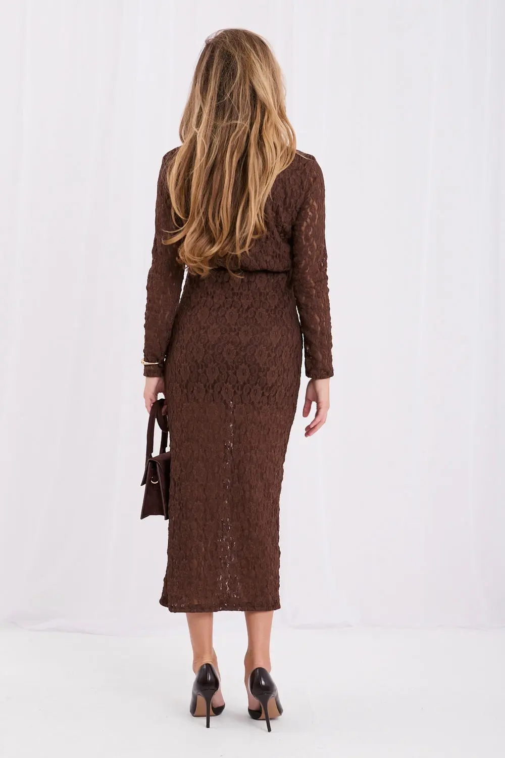 Robe de soirée midi brune en dentelle – Image 2