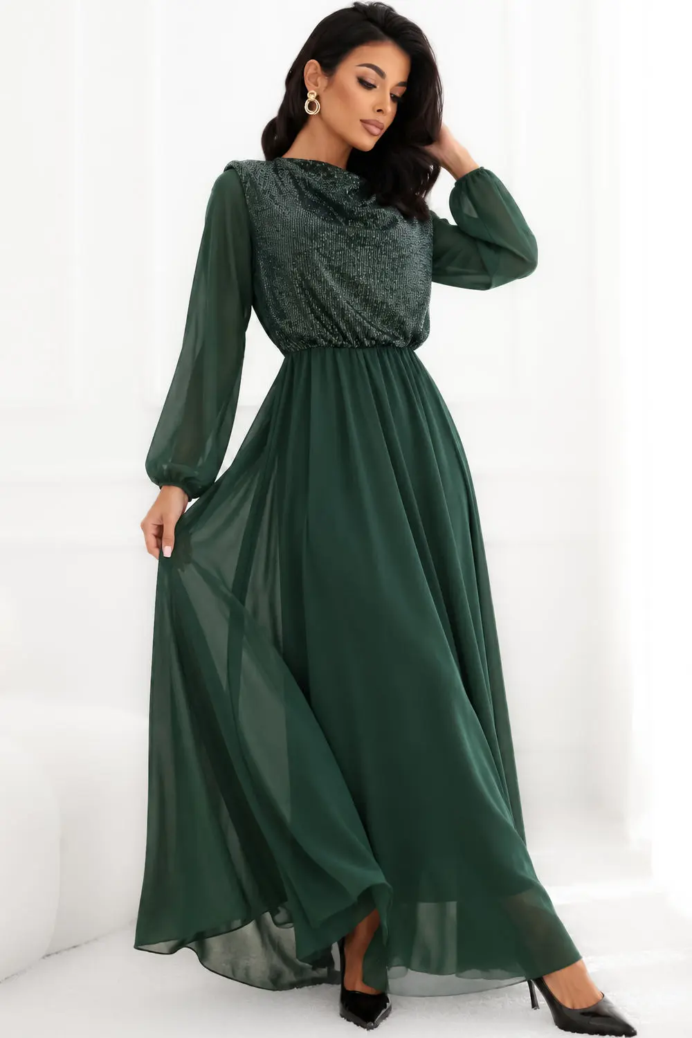 Robe longue évasée verte à sequins – Image 2
