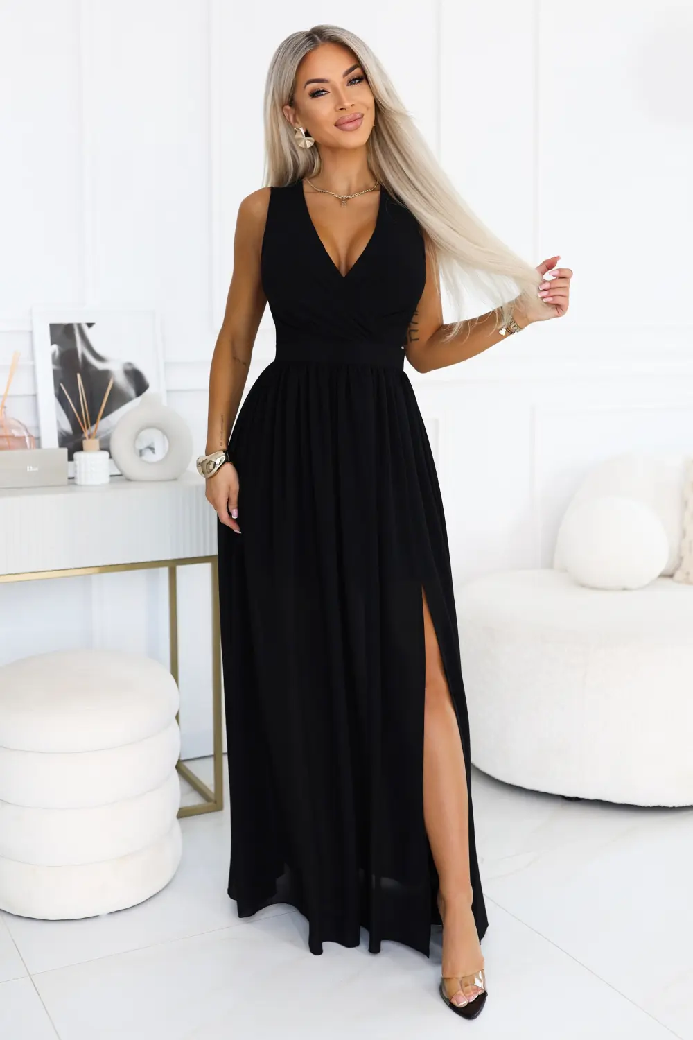 Robe longue évasée noire fendue