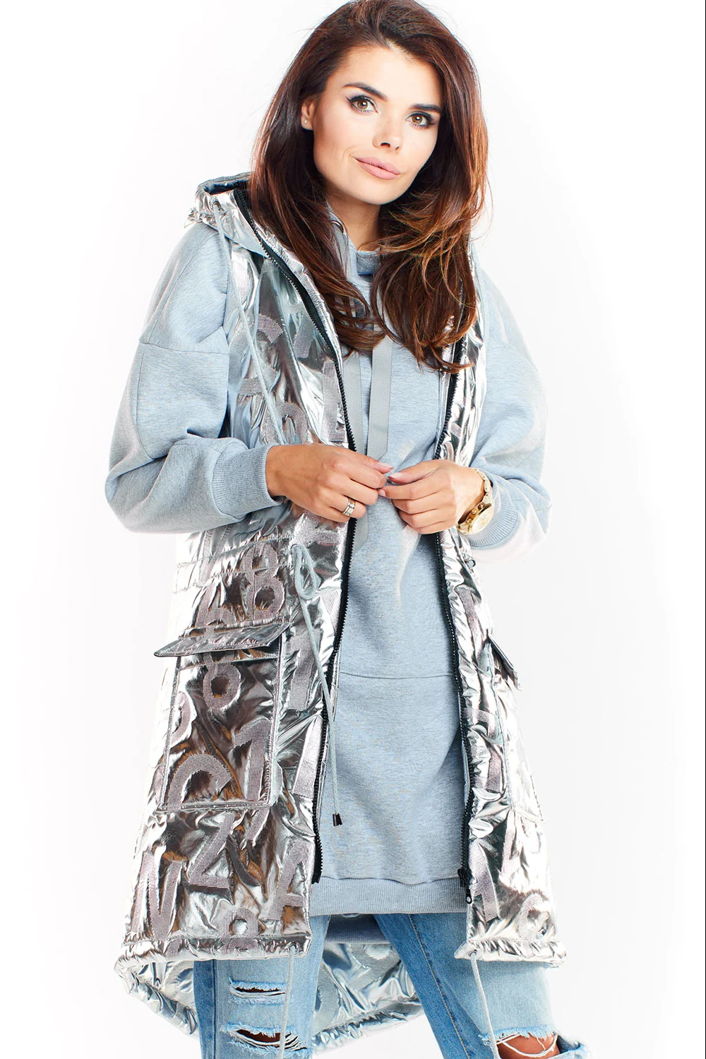Gilet matelassé gris à capuche