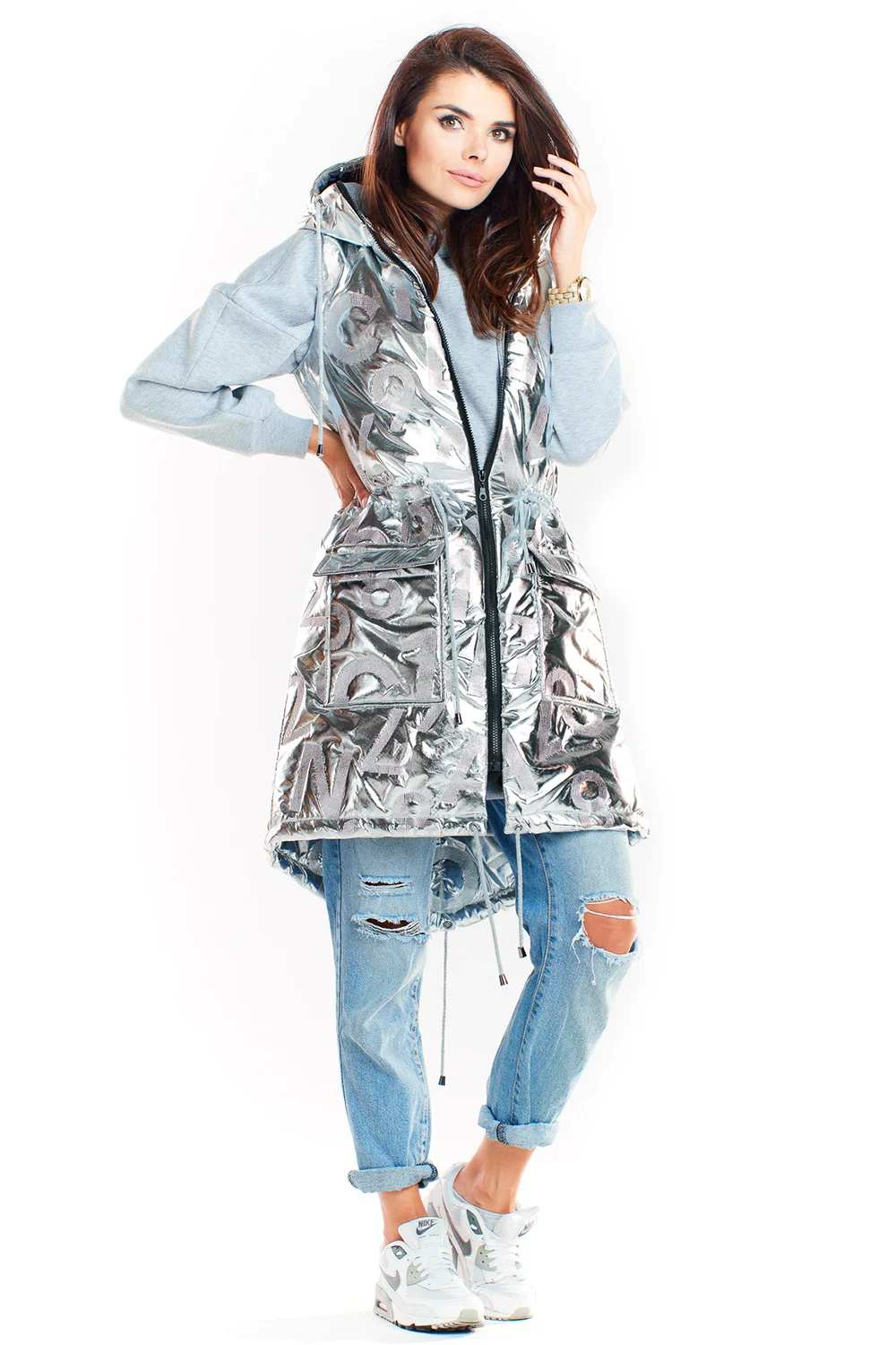 Gilet matelassé gris à capuche – Image 2
